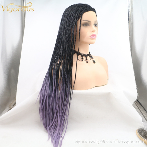 Long straight ombre black purple cheap wholesale high quality heat resistant synthetic braided wig lace front